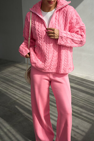 LOOSH Kadın Pembe Yakası Fermuarlı Örgü Desen Oversize Kazak