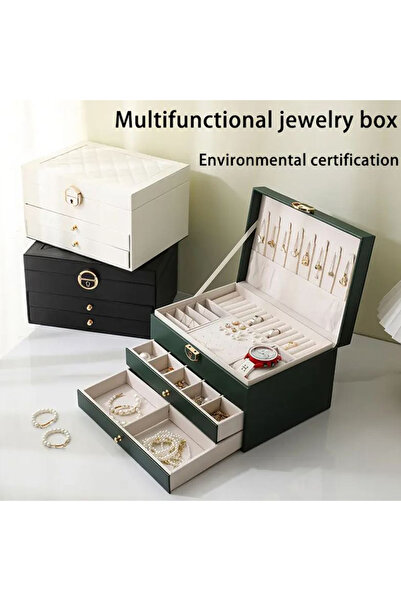 Büyük Hanım Faux Leather Green Jewelry Box with Double Drawer and Key