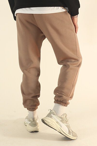 EydaMoon Men's Brown Winter 3-Thread Fleece-Lined Soft Textured Elasticated Leg Hem Sweatpants
