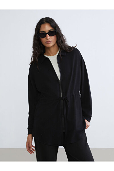 LC Waikiki Lcw Modestblack Shirt Collar Oversized Women's Zippered Sweatshirt