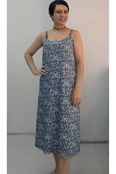 Mertcan Butik Blue Latte Indigo Patterned Rope Strap Combed Viscose Dress