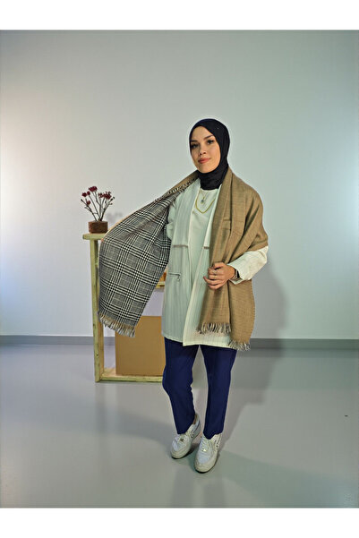 Nöşre Design Women's Double-Sided Plaid and Solid Color Shoulder Shawl Scarf