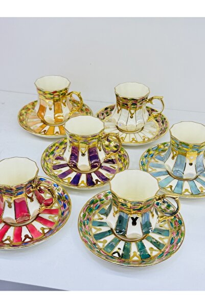 EVRA 6 Kişilik 24K Altın Yaldızlı Yeni El Boyaması Kahve Fincan Takımı m13