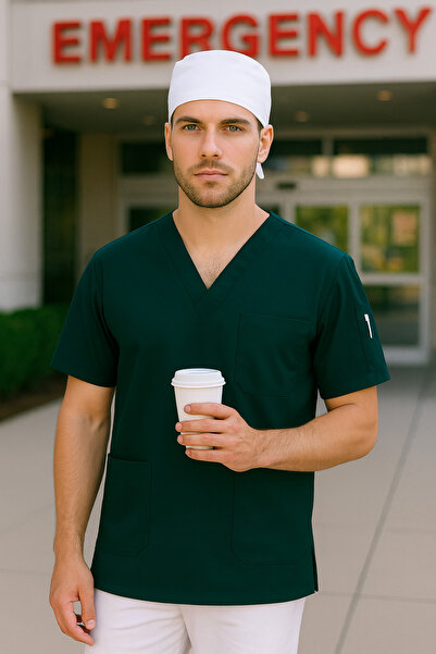 mirach Set of 2 Men's Emergency Paramedic Workers Medical Uniform Single Top Scrubs White Surgical Cap with Gift