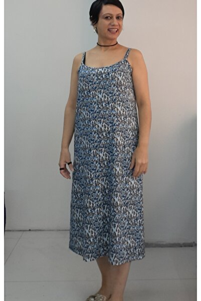 Mertcan Butik Blue Latte Indigo Patterned Rope Strap Combed Viscose Dress