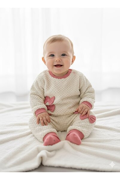 ninnigo Baby Girl Plush Bow Detailed Soft Top and Bottom Baby Set, Set of 2