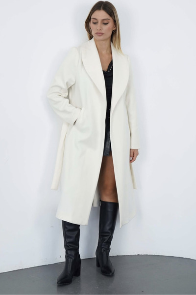 Suziş Premium Long Coat with Shawl Collar and Belt En2173