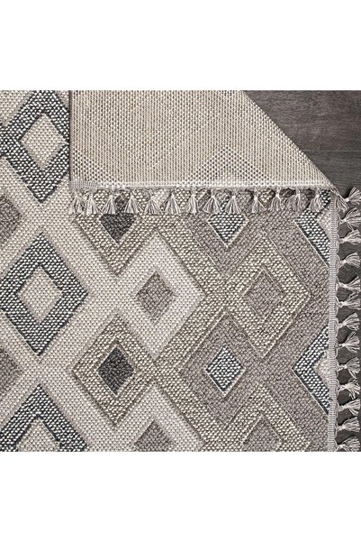 aren.HALI Blecher Geometrik Bej Polyester Kaydırmaz Tabanlı Makine Halısı