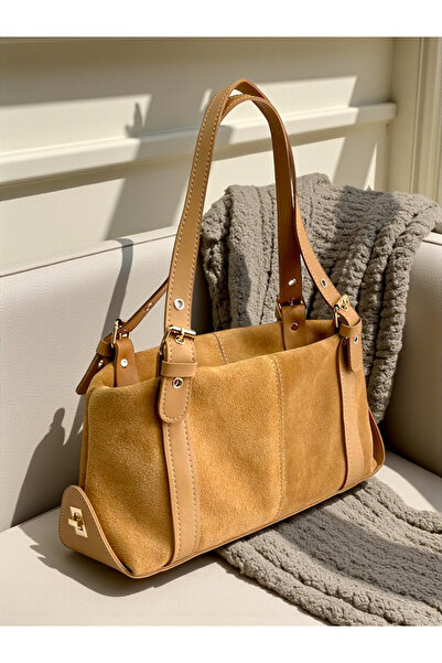 HFKY Women's Hand and Shoulder Bag. Mustard Suede Bag.