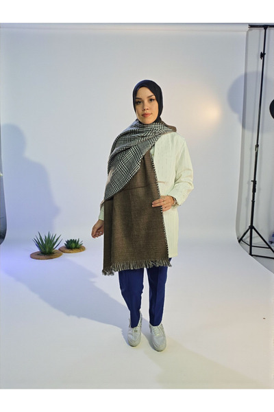 Nöşre Design Women's Double-Sided Plaid and Solid Color Shoulder Shawl Scarf