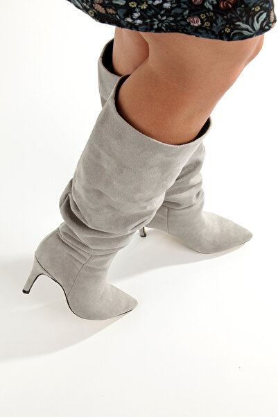 PİMORA ''Eleonora'' Stone Suede Pointed Bellows Pull-On 9 cm Thin Heel Boots New Season