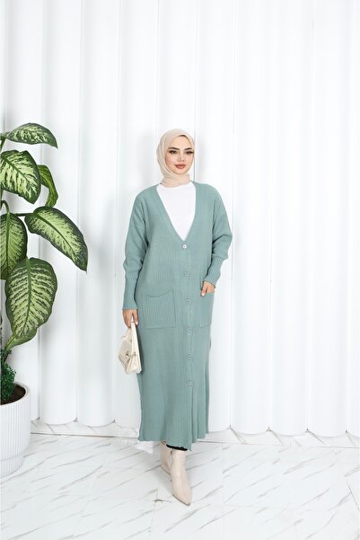 NİSUM MODA Long Knitted Cardigan with Pockets