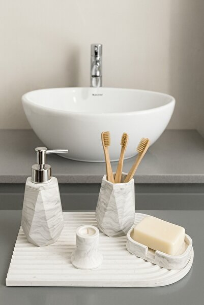 Elizovi طقم حمام فاخر من 5 قطع بنقش رخامي |   طقم صابون، حامل فرشاة أسنان، حا...