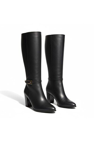 DeriNial أحذية نسائية يومية بطول الركبة مع مشبك وسحاب ليندو باللون الأسود