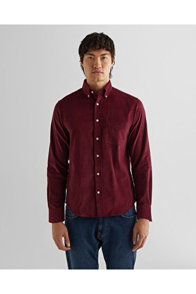 Gant Men's Burgundy Regular Fit Buttoned Collar Velvet Shirt