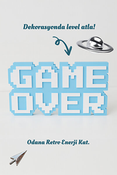 Home Retro Game Over Kabartmalı Dekoratif Obje - Mavi| Masaüstü ve Duvar Süsü | 15 Cm