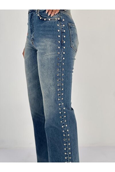 Miss Poem Women's Straight-Leg Blue Jeans with Stone Detail on the Sides