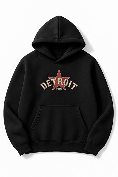 Altair Tr سويت شيرت أسود قصة فضفاضة للجنسين ديترويد مطبوع بغطاء رأس