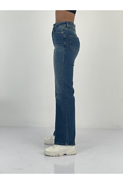 Miss Poem Women's High Waist Straight Cut Blue Jean Pants