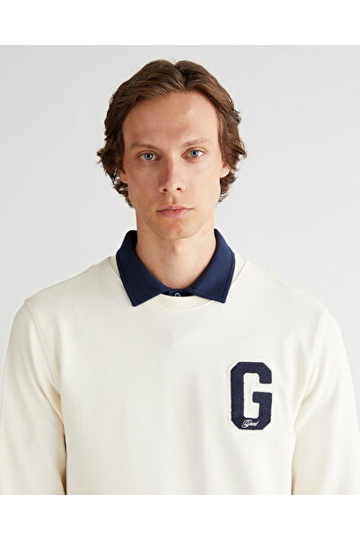 Gant Men's Cream Regular Fit Crew Neck Logo Sweatshirt