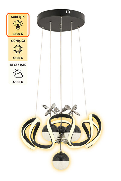 Dekorluna Oliver Kumandalı 3 Renk Işık Özellikli Modern Siyah Kaplama Sarkıt Led Avize Salon Avize