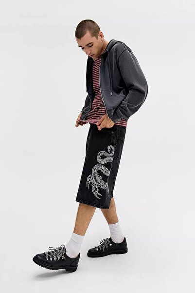 september island Black Denim Scorpion Embroidered Denim Shorts