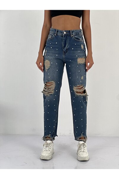 Miss Poem Women's Stone Detailed Navy Blue Denim Jeans