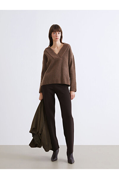 LC Waikiki Brown V-Neck Women's Knitwear Sweater