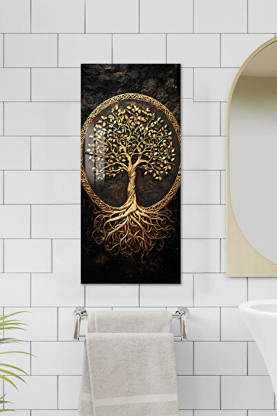 kutuTR Altın Hayat Ağacı Temalı Temperli Cam Dik Tablo 30x60 cm Ebadında UV B...