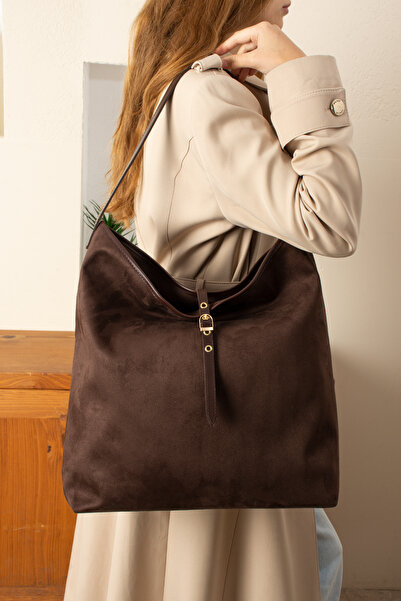 Ebitte Woman Bags Hořkohnědá velká semišová luxusní taška přes rameno s detai...