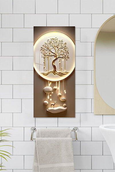 kutuTR Altın Ağaç ve Geyik Figürlü Temperli Cam Dik Tablo 30x60 cm Ebadında UV Baskı - DCT043