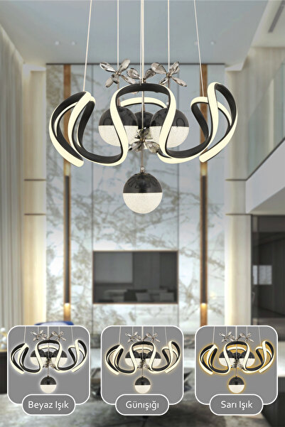 Dekorluna Oliver Kumandalı 3 Renk Işık Özellikli Modern Siyah Kaplama Sarkıt Led Avize Salon Avize