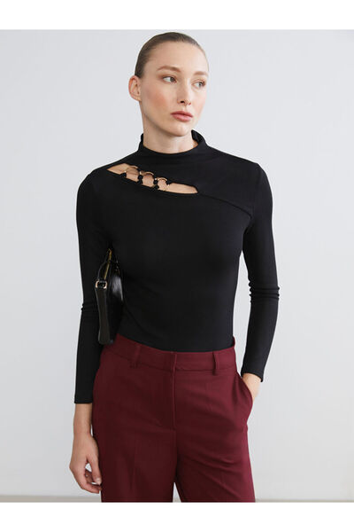 LC Waikiki Tricou pentru femei LCWAIKIKI basic negru cu guler ridicat fereastră