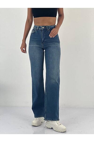 Miss Poem Women's High Waist Straight Cut Blue Jean Pants