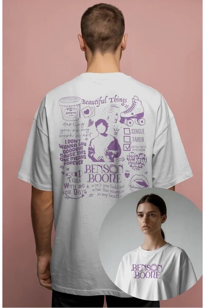 Fuddy Moda تي شيرت بنسون بون باللون الأرجواني للجنسين، مطبوع تي شيرت ذو طابع موسيقي برقبة دائرية قصة فضفاضة