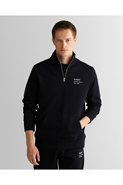 Gant Erkek Siyah Regular Fit Yarım Fermuarlı Logolu Sweatshirt