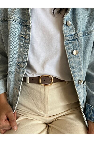 Eksibir Oval Gold Tokalı vizon Rengi Süet Kadın Kemeri Pantolon Kemeri Elbise Kemeri