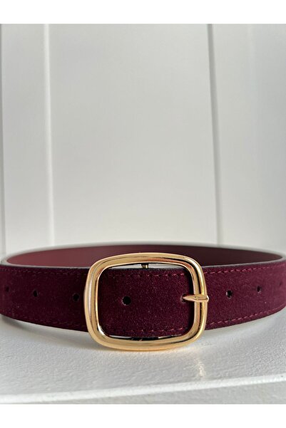 Eksibir Oval Tokalı Bordo Süet Kadın Kemeri Pantolon Kemeri Elbise Kemeri