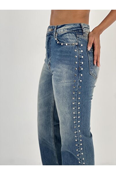 Miss Poem Women's Straight-Leg Blue Jeans with Stone Detail on the Sides