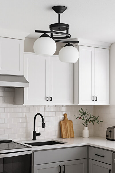 KUZENLER Modern 2’li Siyah Metal Gövde Beyaz Cam Avize – Şık Tavan Aydınlatması