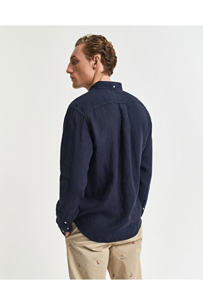 Gant Men's Navy Blue Regular Fit Button Collar Linen Shirt
