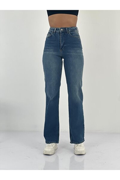 Miss Poem Women's High Waist Straight Cut Blue Jean Pants