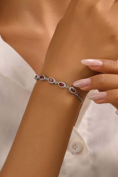 FAYRA ACCESSORIES Garnet Doğal Taşlı Beyaz Altın Kaplama Asansör Bileklik