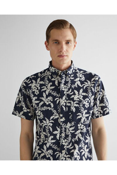 Gant Men's Navy Blue Regular Fit Classic Collar Patterned Shirt