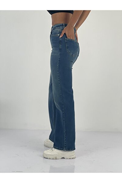 Miss Poem Women's High Waist Straight Cut Blue Jean Pants