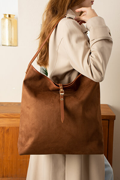 Glowfit Shine Your Shape Kadın Taba Büyük Boy Toka Detaylı Süet Lüks Omuz Çan...