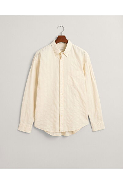 Gant Men's Beige Relaxed Fit Buttoned Collar Striped Shirt