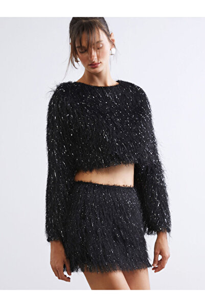 LC Waikiki Soulife Black Elastic Waist Feathered Mini Knit Skirt