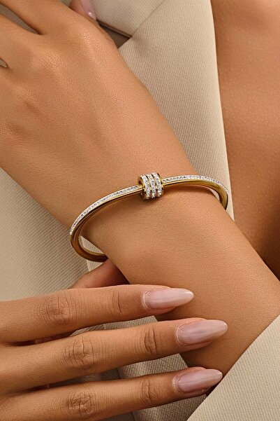 FAYRA ACCESSORIES Zirkon Taşlı Altın Kaplama Kelepçe Bileklik