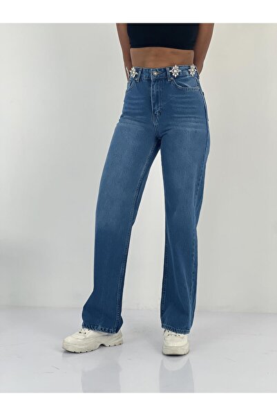 Miss Poem Women's Accessory Stone Detailed High Waist Blue Jean Trousers